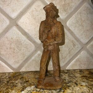 Black Forest Hand Carved Wooden Figure Old beardedman with pipe and Cane 8” tall